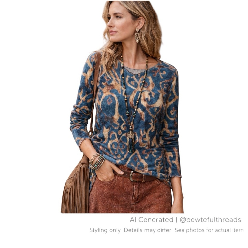 Angela Mara Teal Abstract Knit Top S/M Lightweight Stretch Artsy Boho